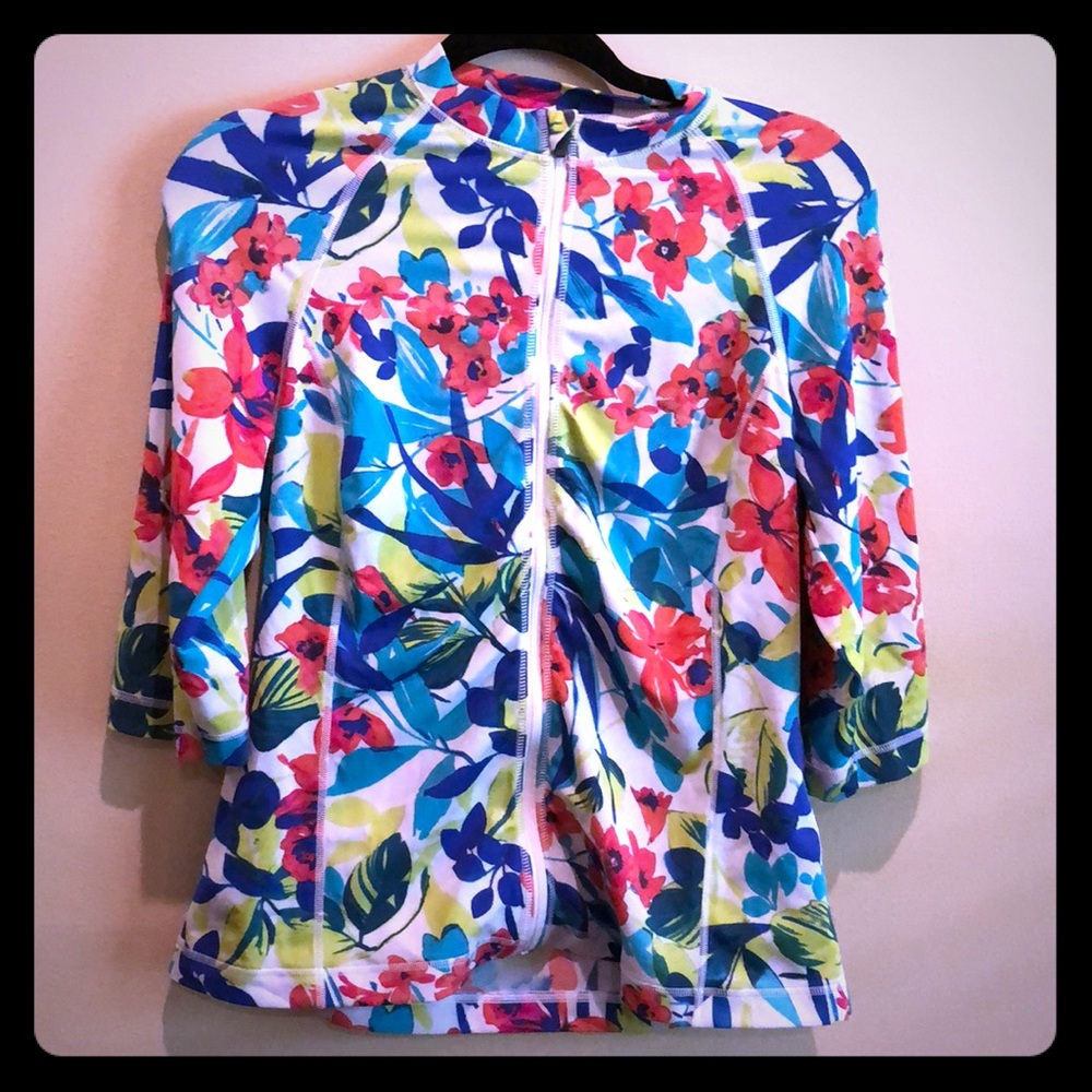 Lands End Floral Zipper Rash Guard